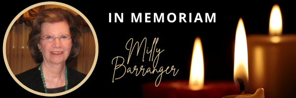 On the left, Milly Barranger's picture is prominently displayed. On the right, there are candles. The text reads, "In Memoriam. Milly Barranger."